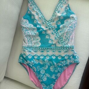 Lilly Pulitzer Teal and Pink Patterned women’s size 12 Swimsuit